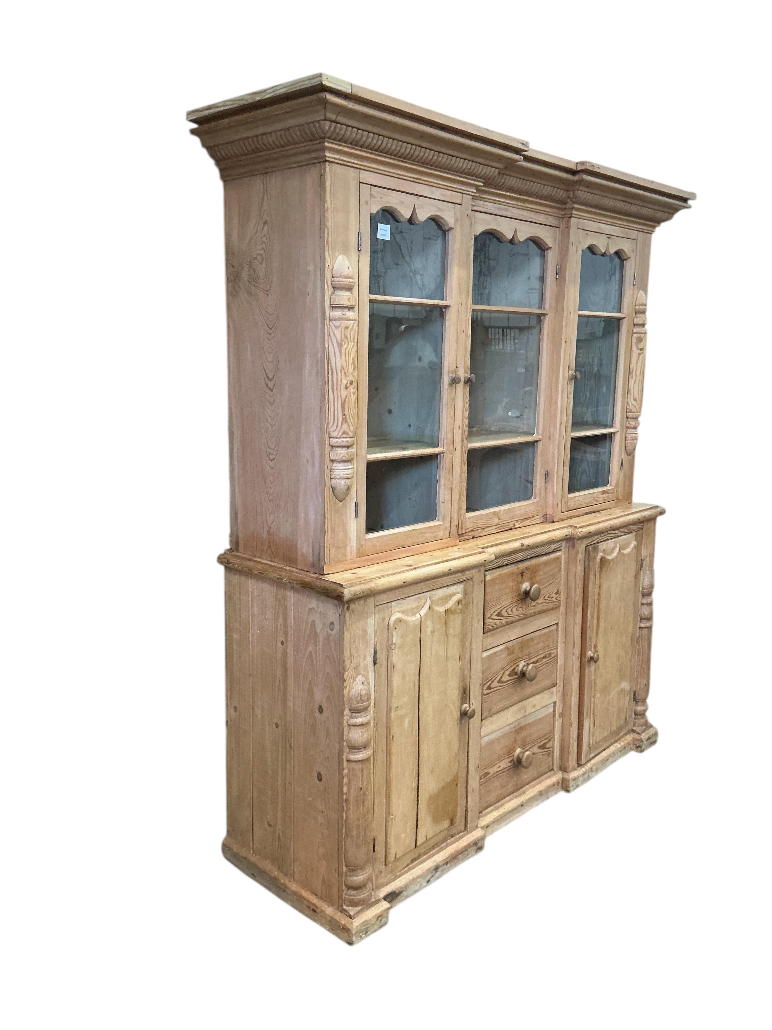 A Victorian inverse breakfront pine dresser, width 164cm, depth 46cm, height 189cm